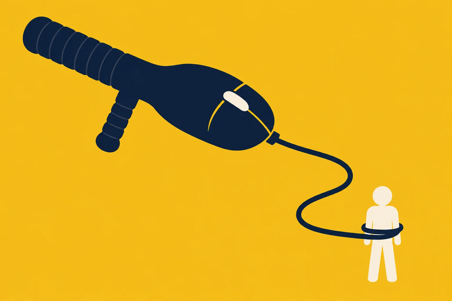 A large dark blue computer mouse shaped like a gun has a cord looping around a small white human figure against a yellow background.