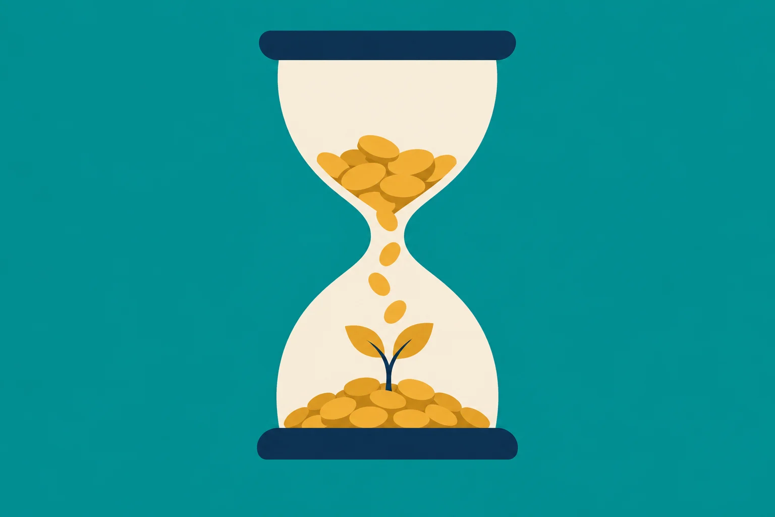 An hourglass with gold coins falling into its lower chamber, where a small golden sprout grows from a coin pile, against a teal background.