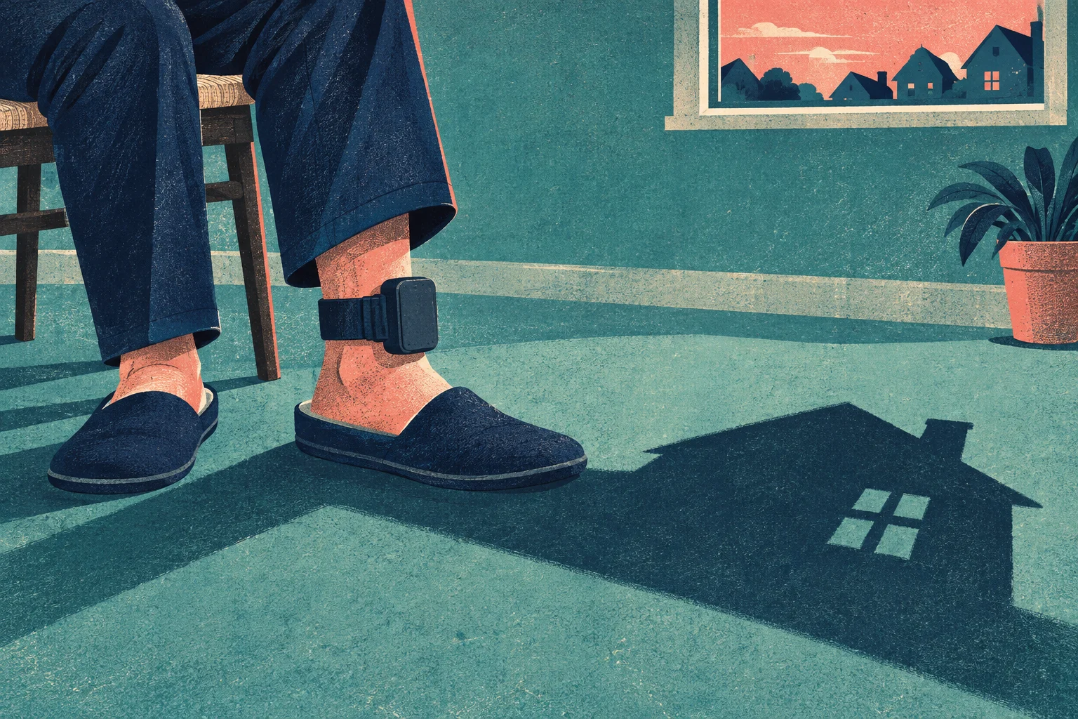 A seated person wearing slippers and an ankle monitor casts a house-shaped shadow across the floor near a window and potted plant.