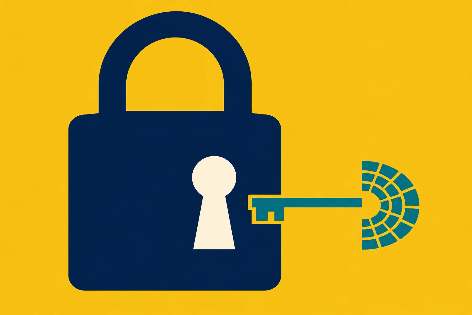 A navy padlock with a cream keyhole sits on a yellow background, beside a teal key with a segmented semicircular head.