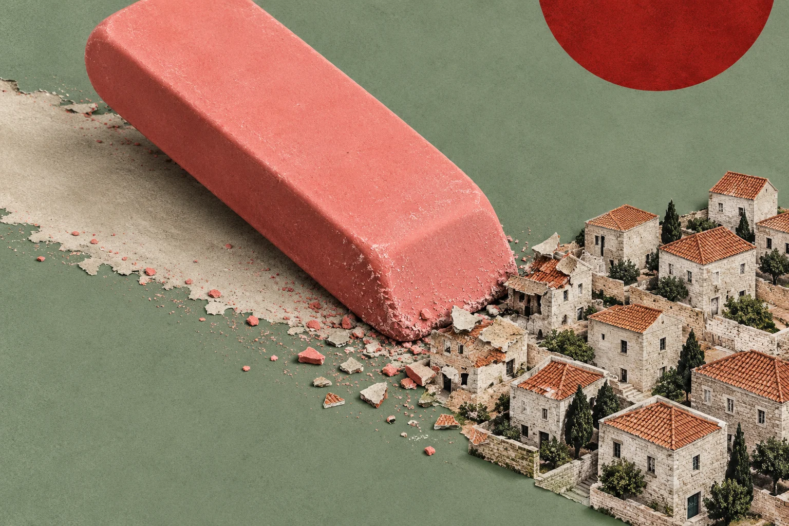 A giant pink eraser crushes miniature stone houses with terracotta roofs, leaving rubble and a pale trail across a green surface beneath a red circle.