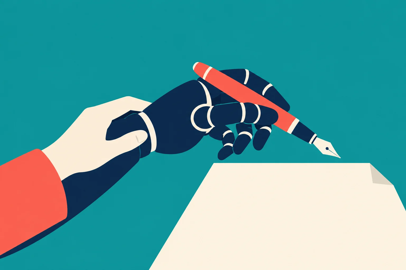A human hand guides a robotic hand holding a red fountain pen above a blank cream sheet against a teal background.