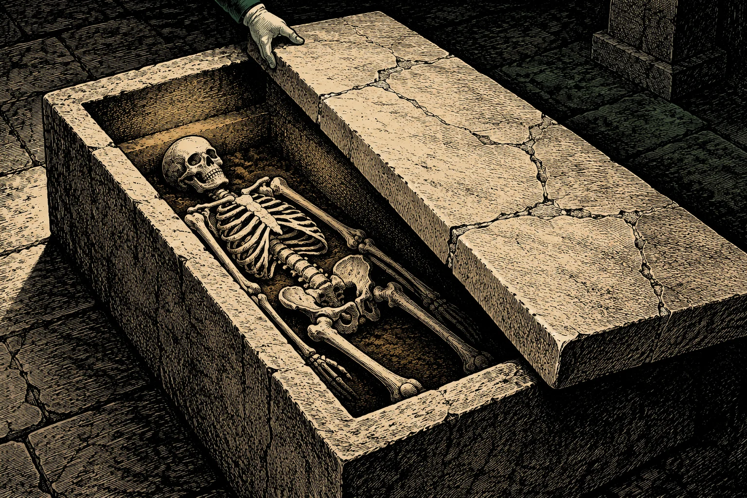 A vintage engraving shows a skeleton inside an open stone coffin as a gloved hand slides aside its cracked lid in a dark crypt.