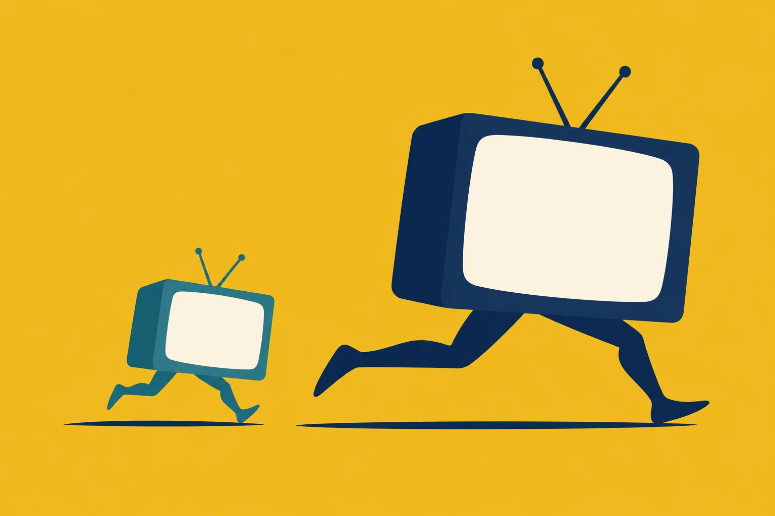 A large navy television and a smaller teal television, both with antennas and running legs, race across a yellow background.