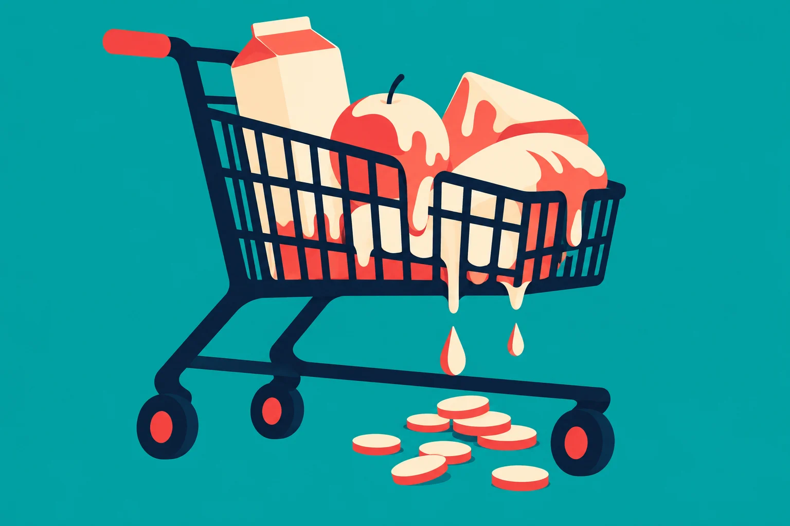 A shopping cart holds melting groceries, including a milk carton and fruit, while drops fall toward scattered coins on a teal background.