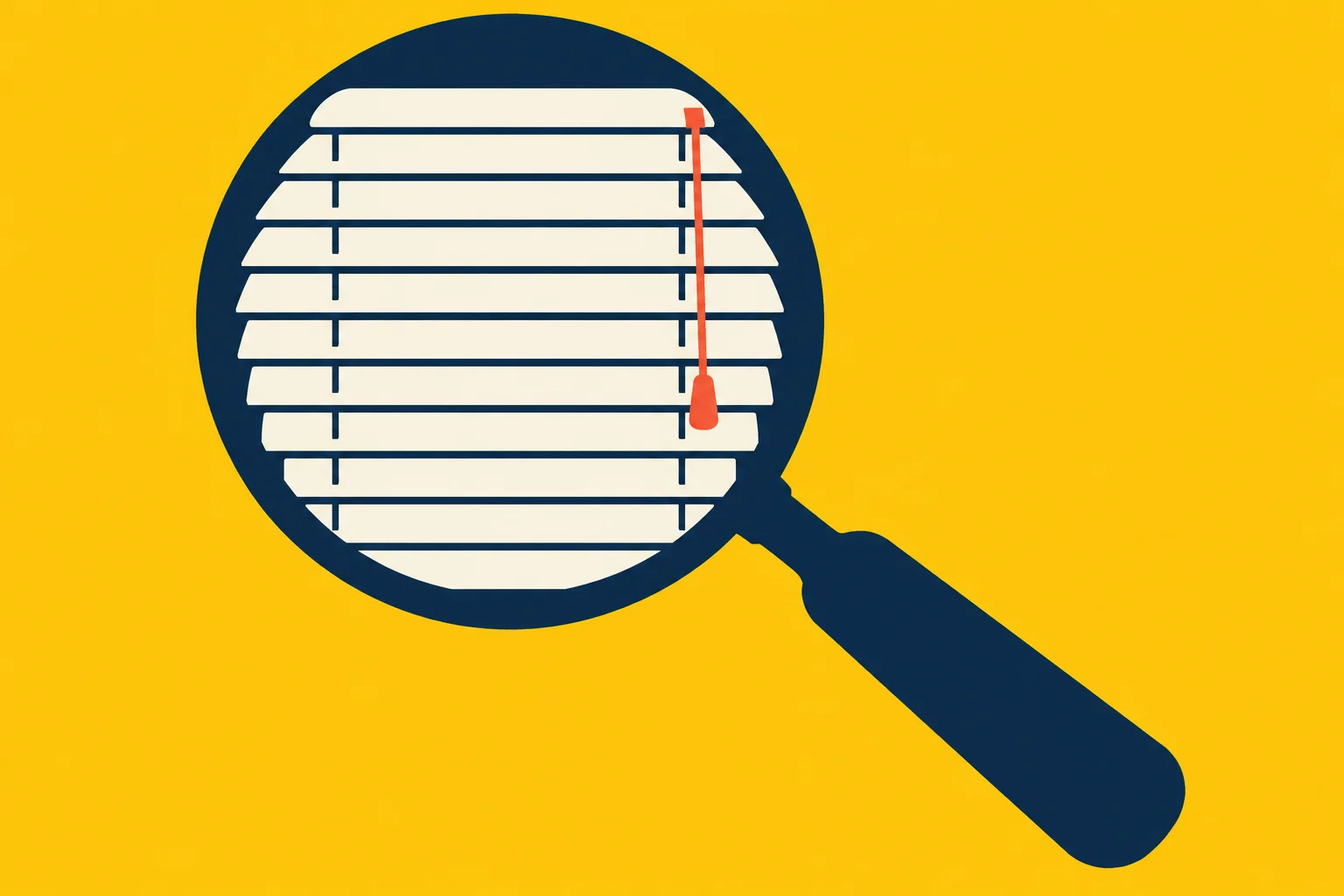 A navy magnifying glass frames cream window blinds with an orange pull cord against a bright yellow background.