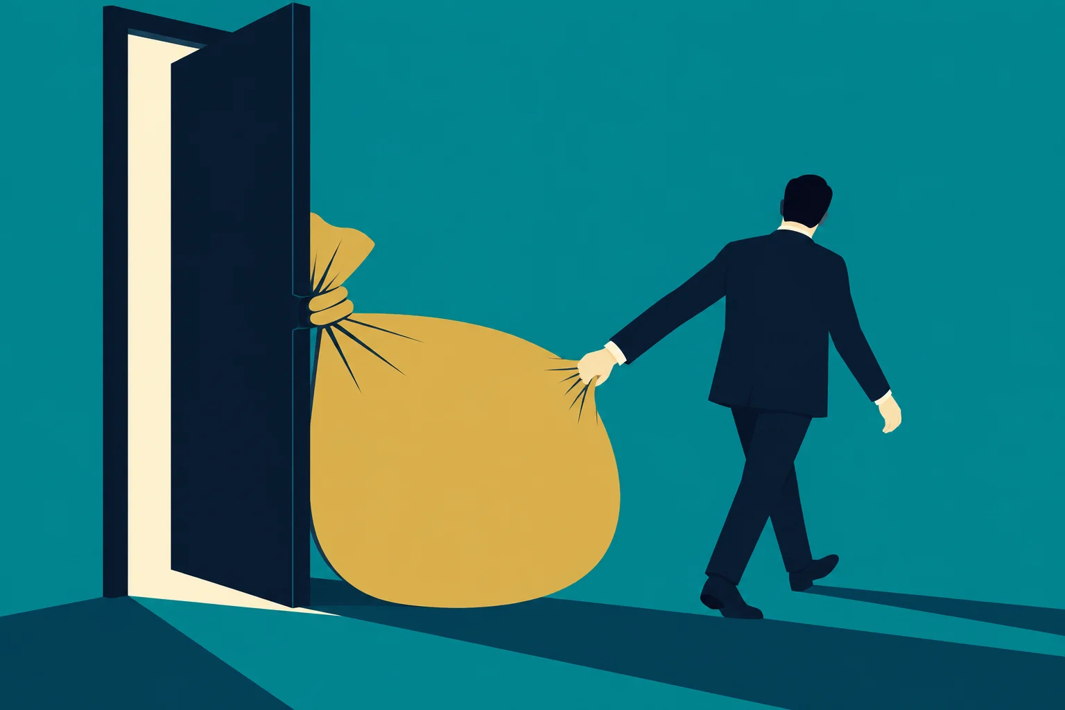 A man in a dark suit walks away from an open door, pulling a large golden sack caught in the doorway.