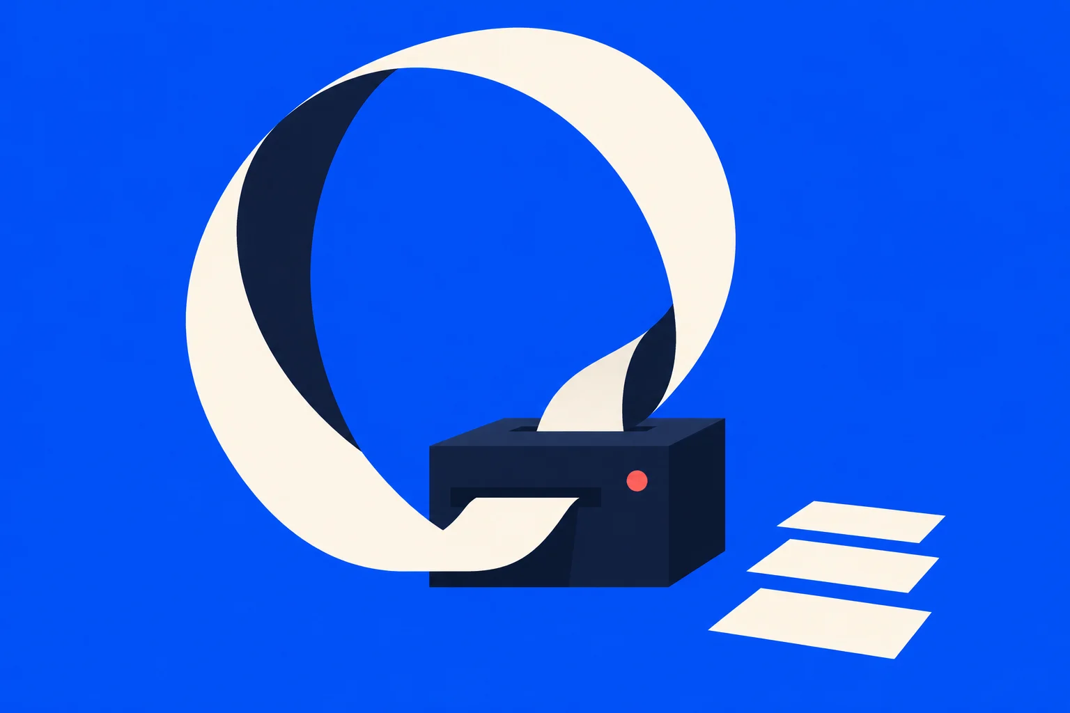 A dark printer feeds a long cream ribbon looping above and around it against a bright blue background, with three sheets beside it.