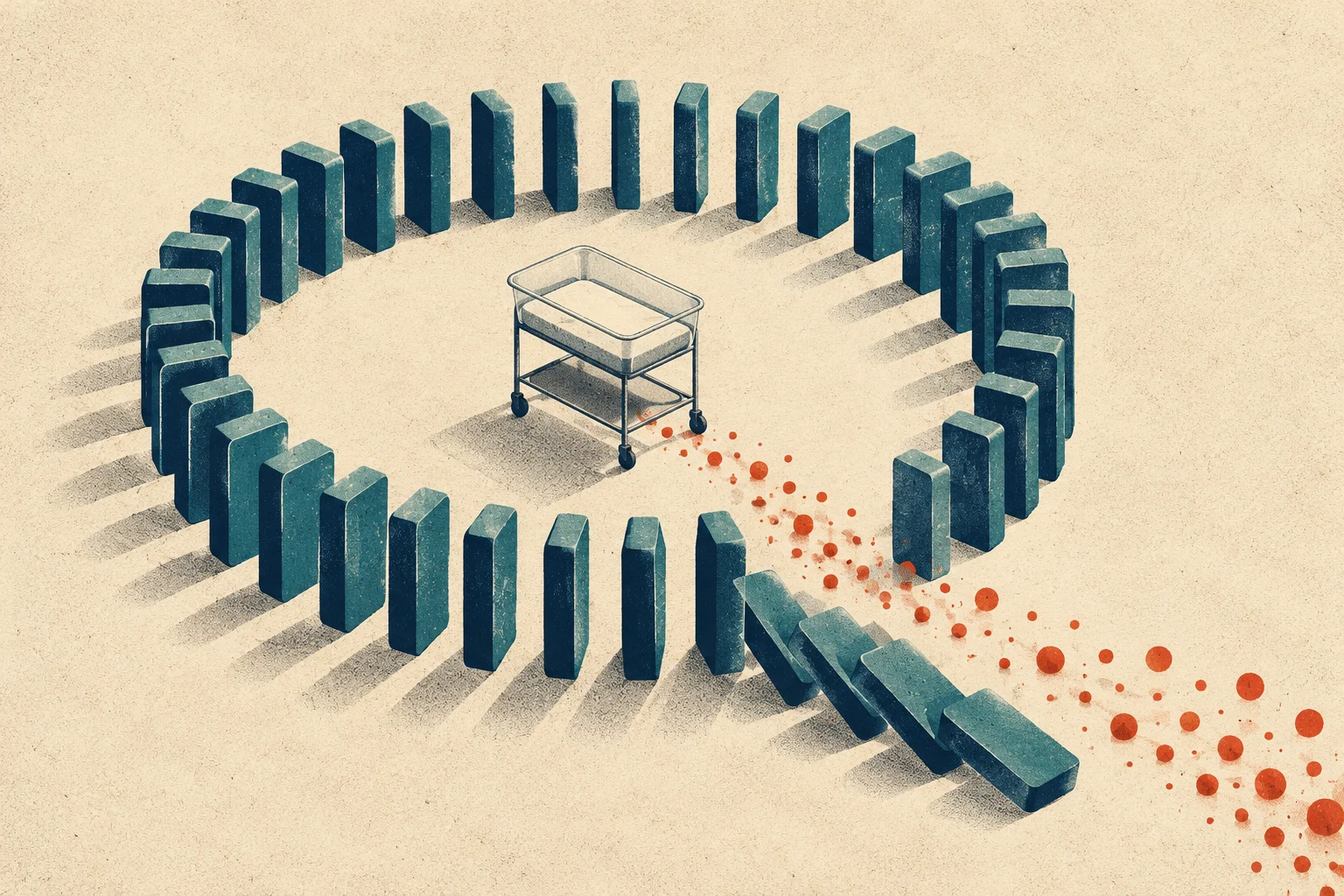 A hospital bassinet stands inside a circle of teal dominoes, with several toppled outward beside a trail of orange particles.