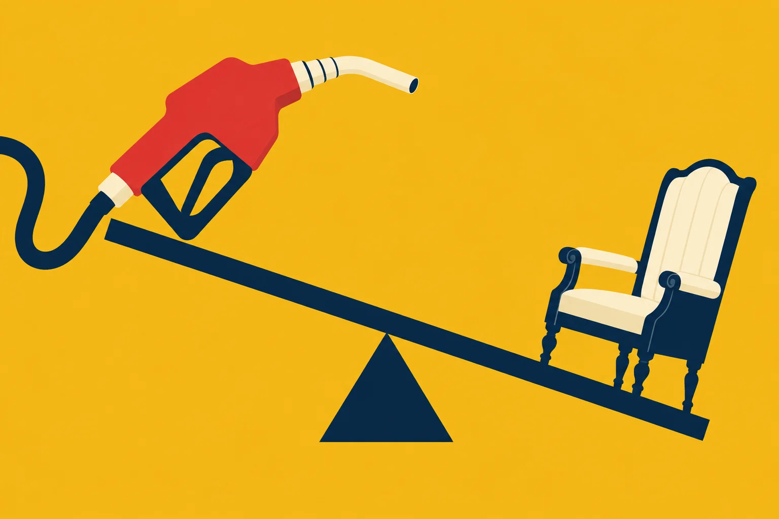 A seesaw on a yellow background tilts downward toward an ornate chair on the right, opposite a red fuel nozzle on the left.
