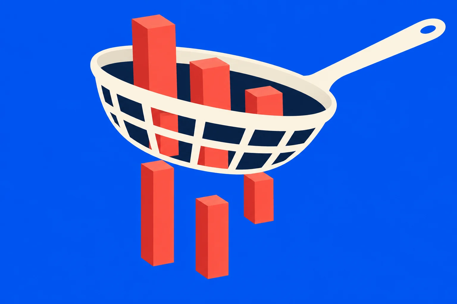A cream-colored strainer holds red vertical bars, with more bars falling through its mesh against a bright blue background.
