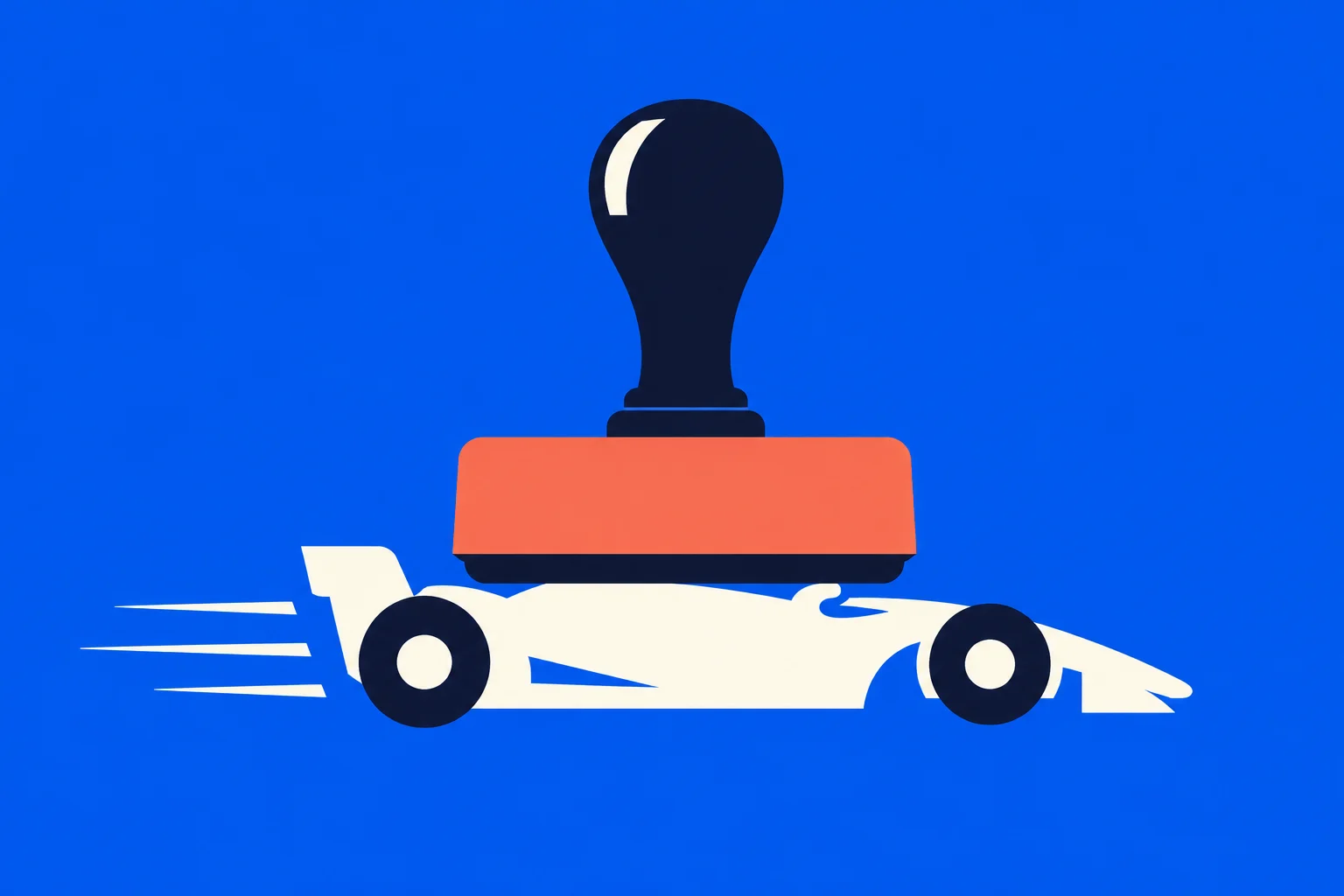 A large dark stamp with an orange base presses down on a white racing car with speed lines against a bright blue background.