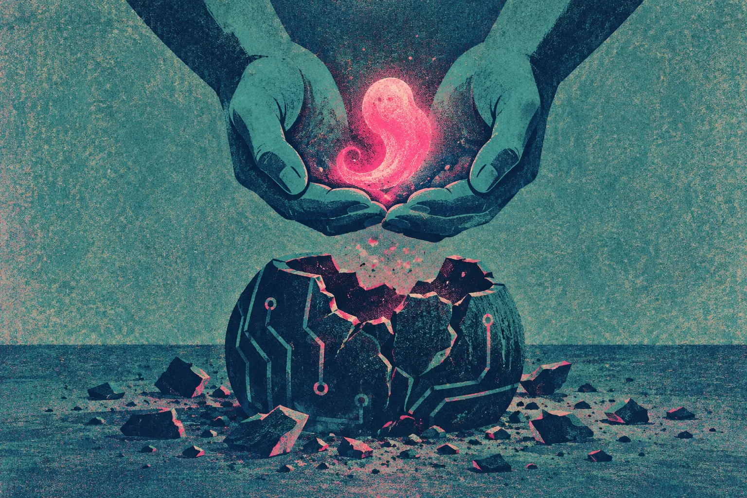 Cupped hands cradle a glowing pink spirit above a shattered dark sphere patterned with circuit lines, surrounded by rubble against a textured teal background.