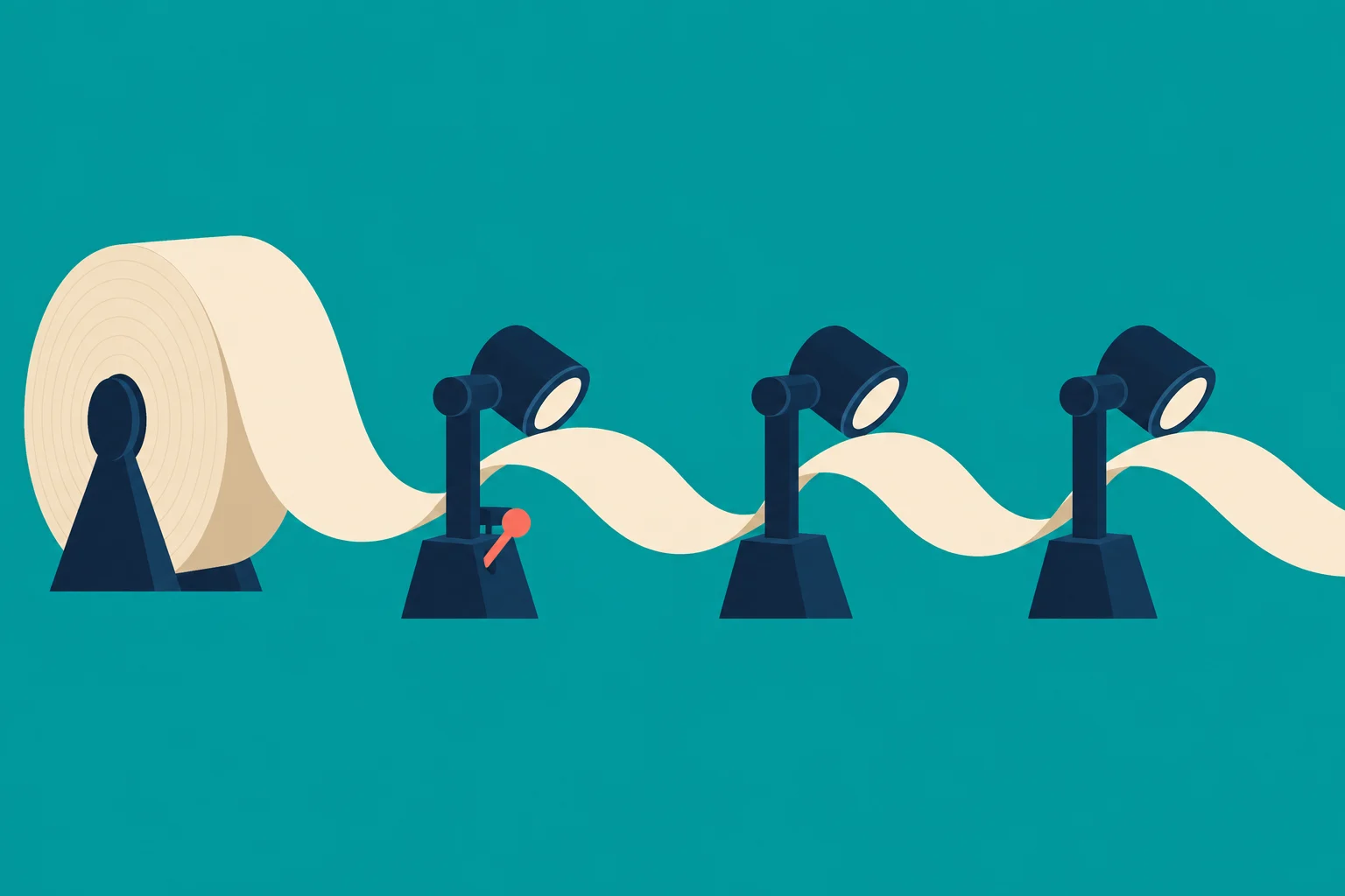 A large cream paper roll unwinds into a wavy strip passing through three dark blue spotlight-like devices on a teal background.