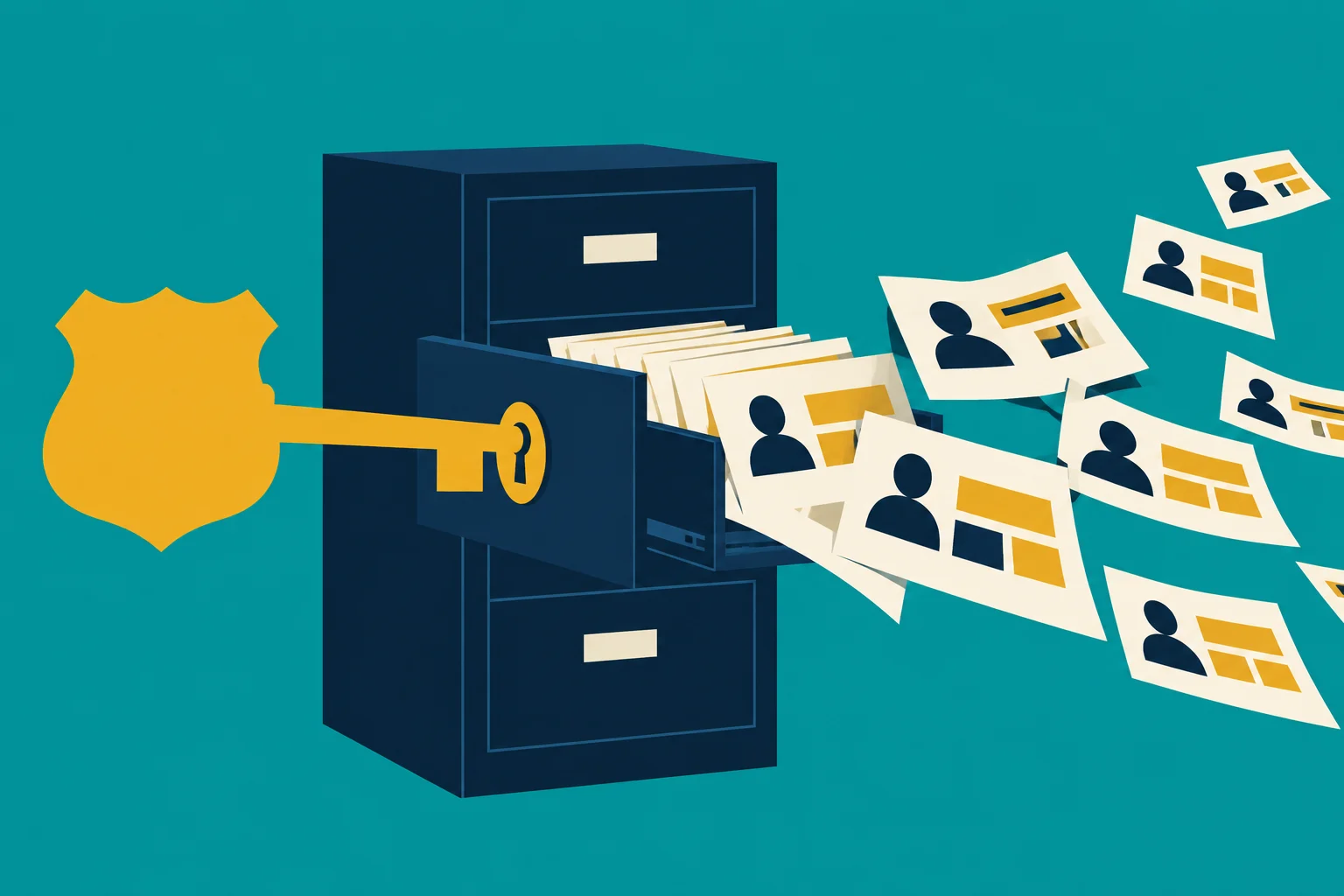 A gold key with a shield-shaped head unlocks a dark filing cabinet as papers displaying profile icons fly from an open drawer against a teal background.