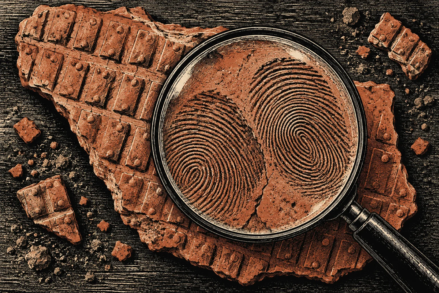 A magnifying glass reveals two fingerprints on a broken terracotta slab with rectangular patterns, surrounded by scattered fragments on a dark textured surface.