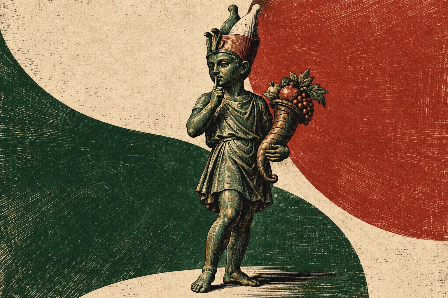 A vintage engraving depicts an Egyptian figure wearing a tall crown, holding a fruit-filled cornucopia, and pressing a finger to their lips against cream, green, and red shapes.