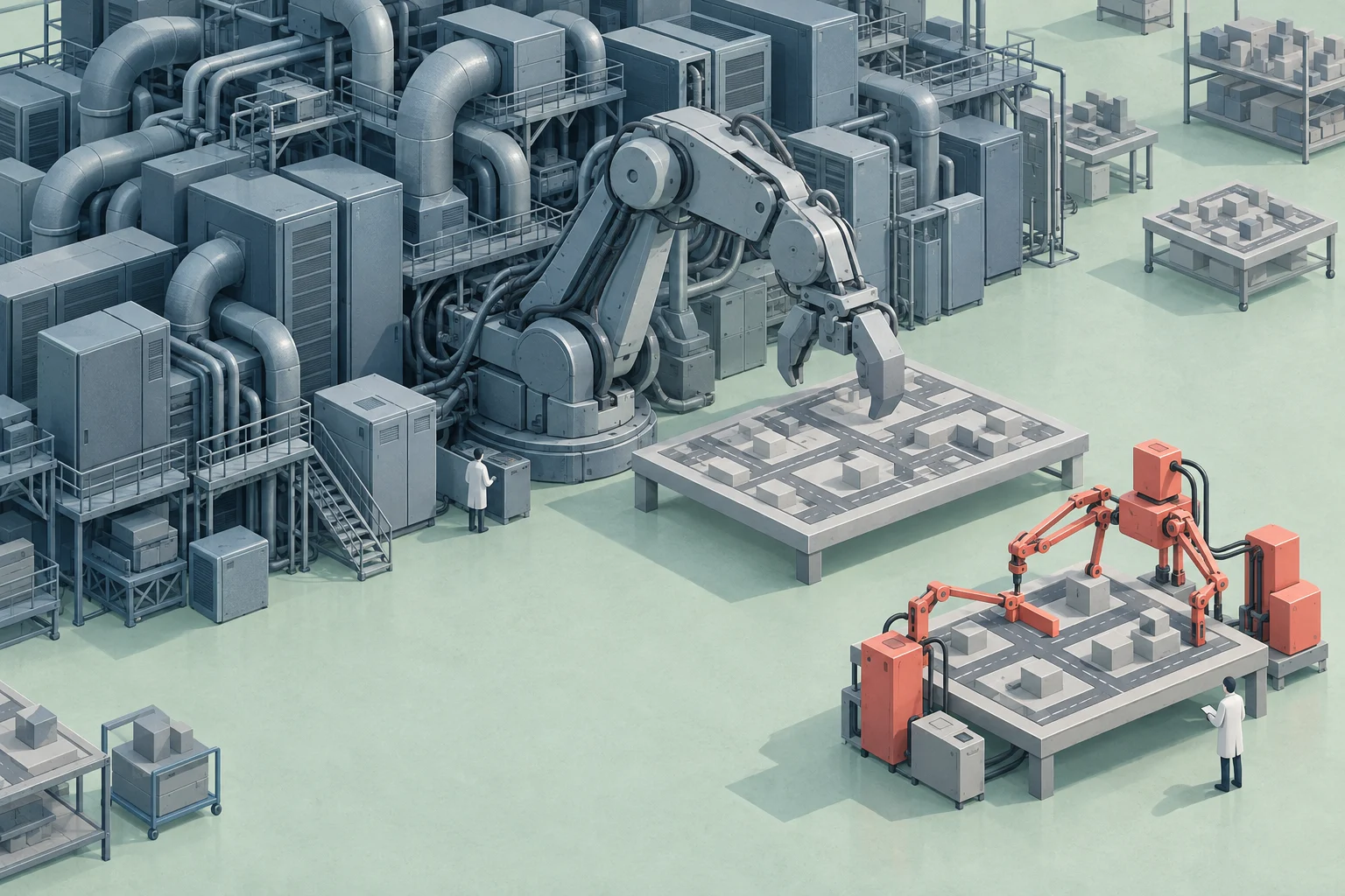 A factory contains a massive gray robotic arm and smaller orange robots working over tables with block models, while two technicians observe.