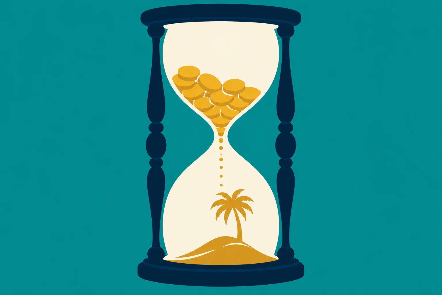 A dark blue hourglass on a teal background holds gold coins that trickle down into a golden island with a palm tree.