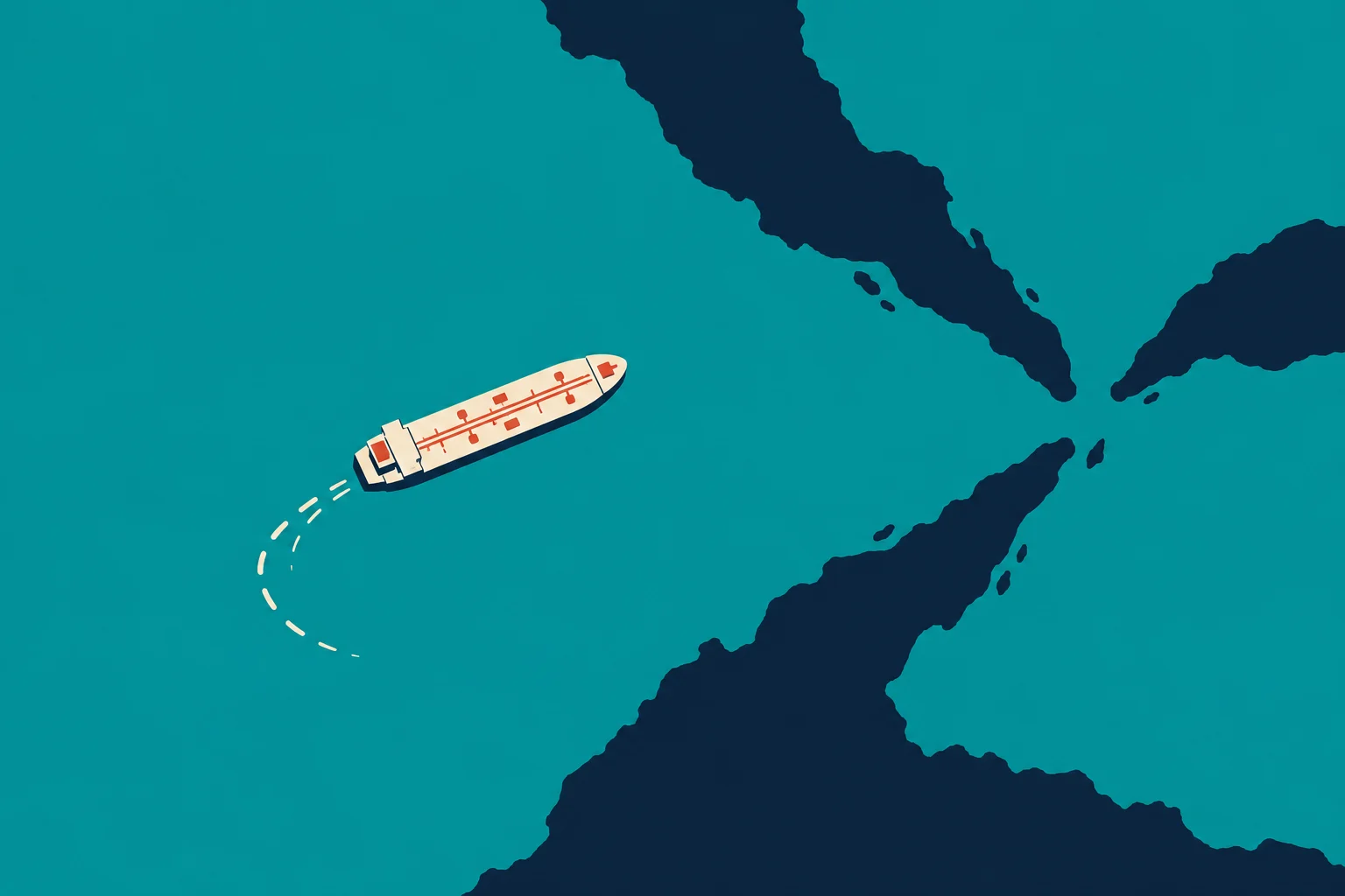 A cargo ship leaves a curved white wake in turquoise water as it approaches a narrow passage between dark blue landmasses.