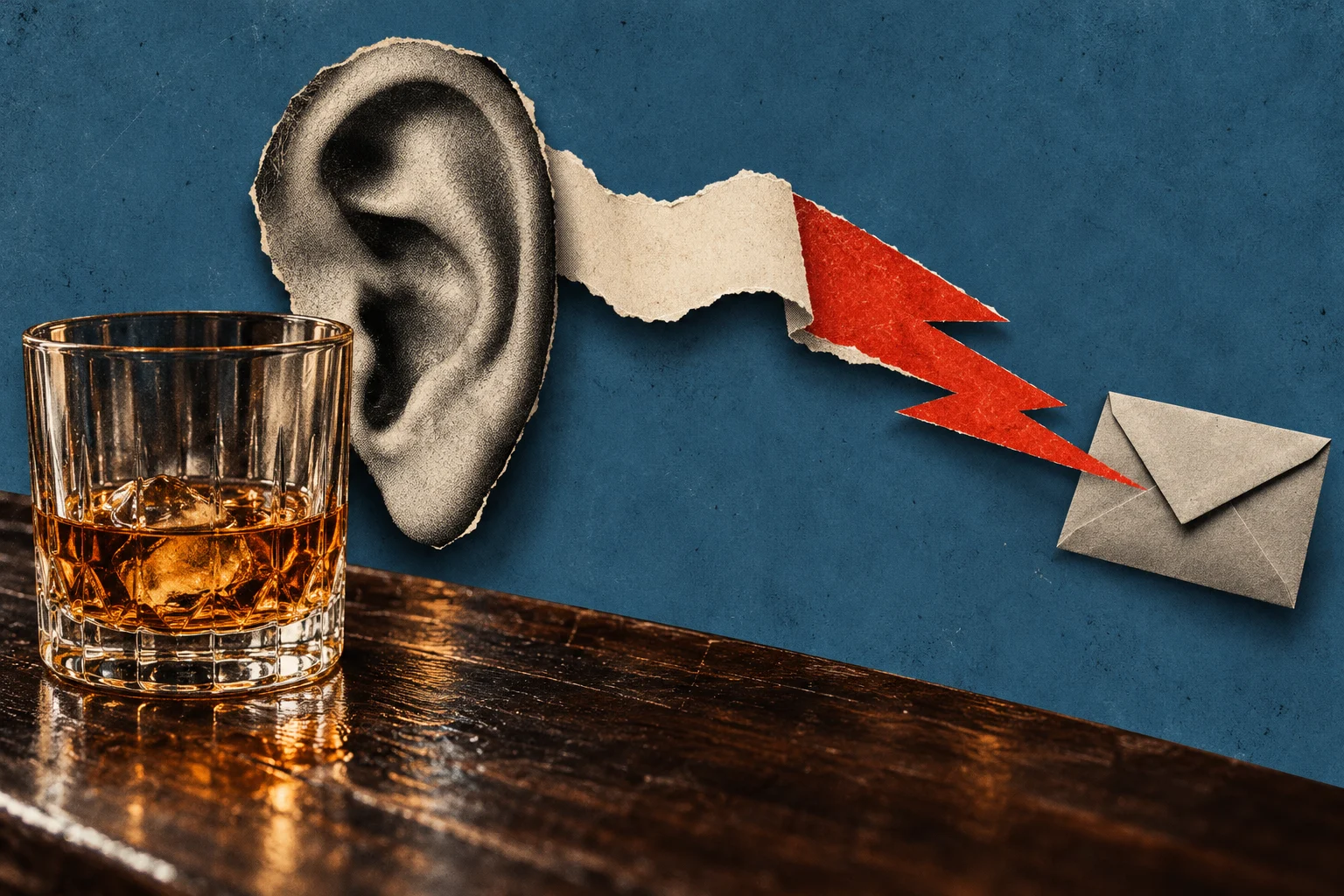 A whiskey glass sits on a wooden bar beside a collage of an ear, torn paper, and a red lightning bolt pointing toward an envelope.