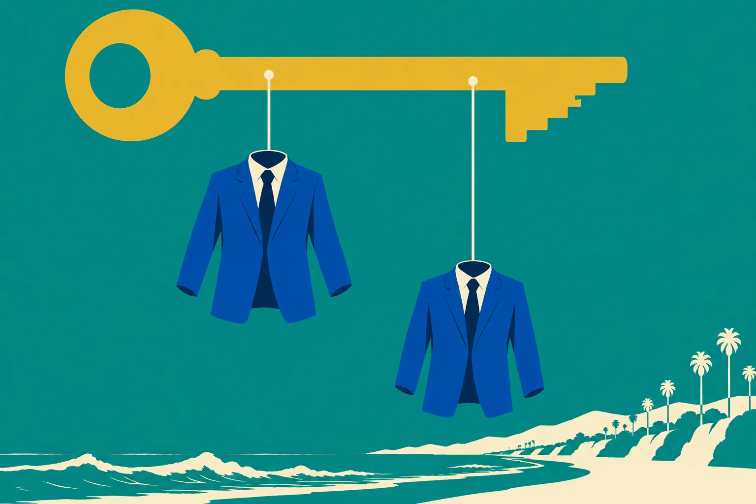 A large golden key suspends two blue suit jackets on strings above a stylized tropical beach with waves and palm trees against a teal background.