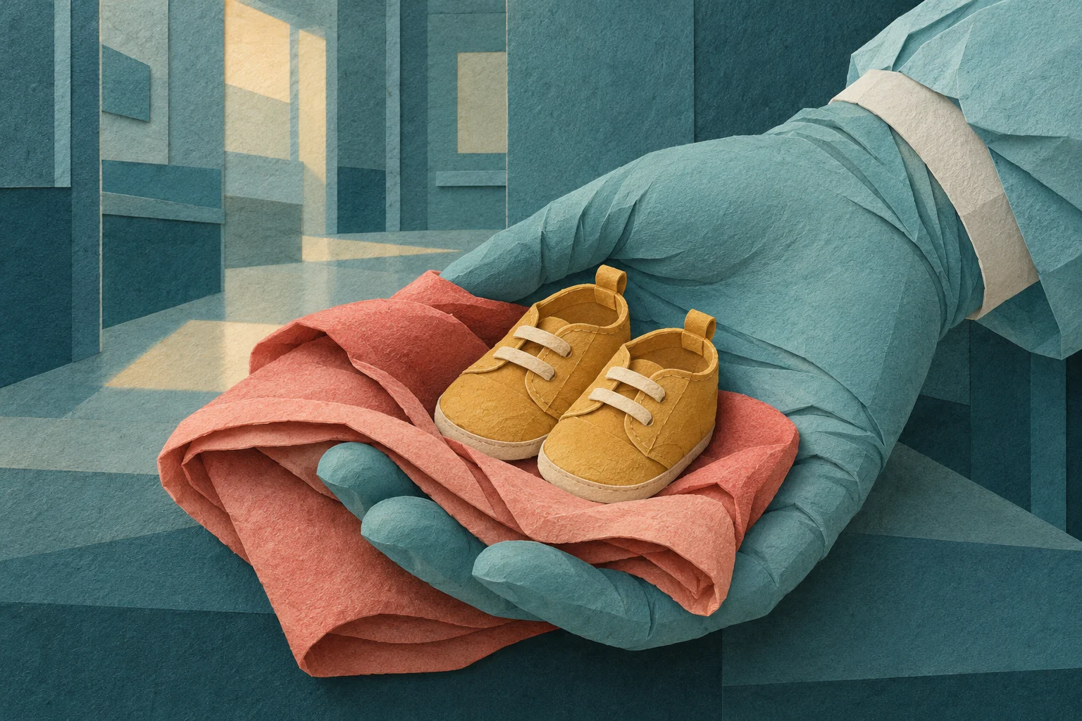 A large teal gloved hand cradles tiny yellow baby shoes on coral fabric in a paper-textured hospital corridor.