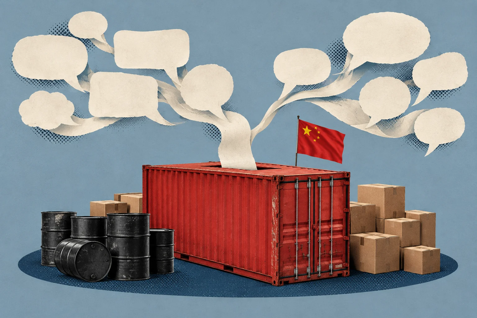 A red shipping container with a Chinese flag stands among oil barrels and cardboard boxes, while branching paper speech bubbles rise above it.