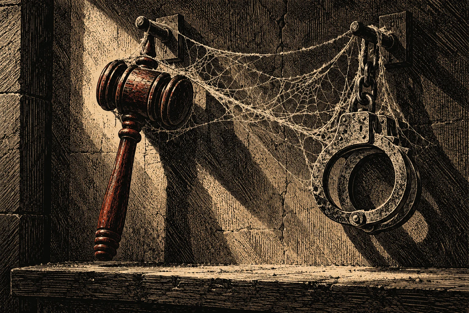 A wooden gavel and iron handcuffs hang on a stone wall, connected by thick cobwebs in a dark, antique-style illustration.