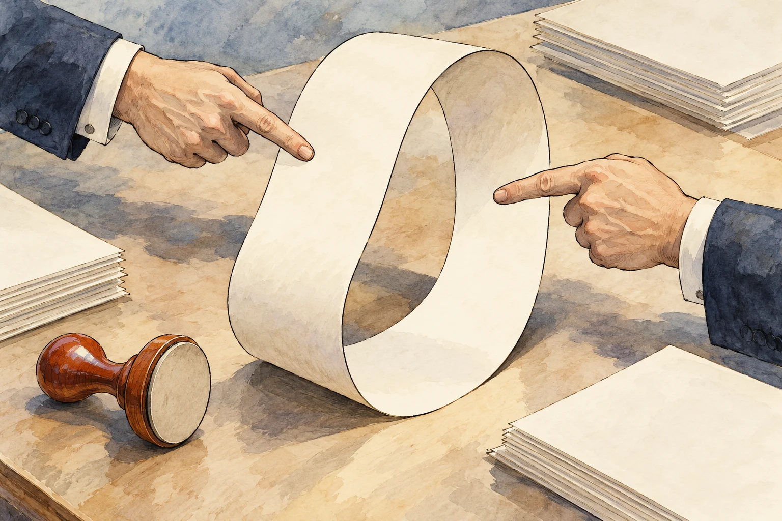 Two suited hands point at a large loop of blank paper on a desk surrounded by paper stacks and a wooden stamp.