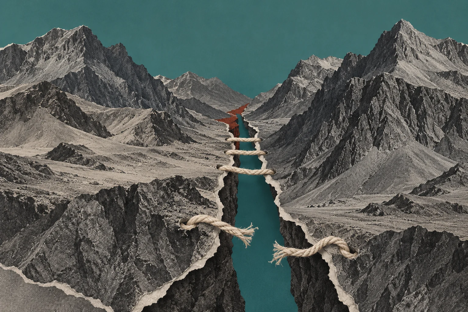 A vintage mountain collage is split by a deep teal chasm, with three intact rope bridges in the distance and a broken rope spanning the foreground.