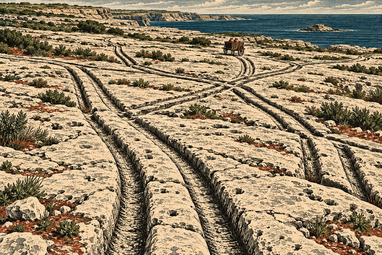Deep cartwheel ruts cross a rocky coastal landscape dotted with shrubs, with a small wooden cart, distant cliffs, and blue sea.