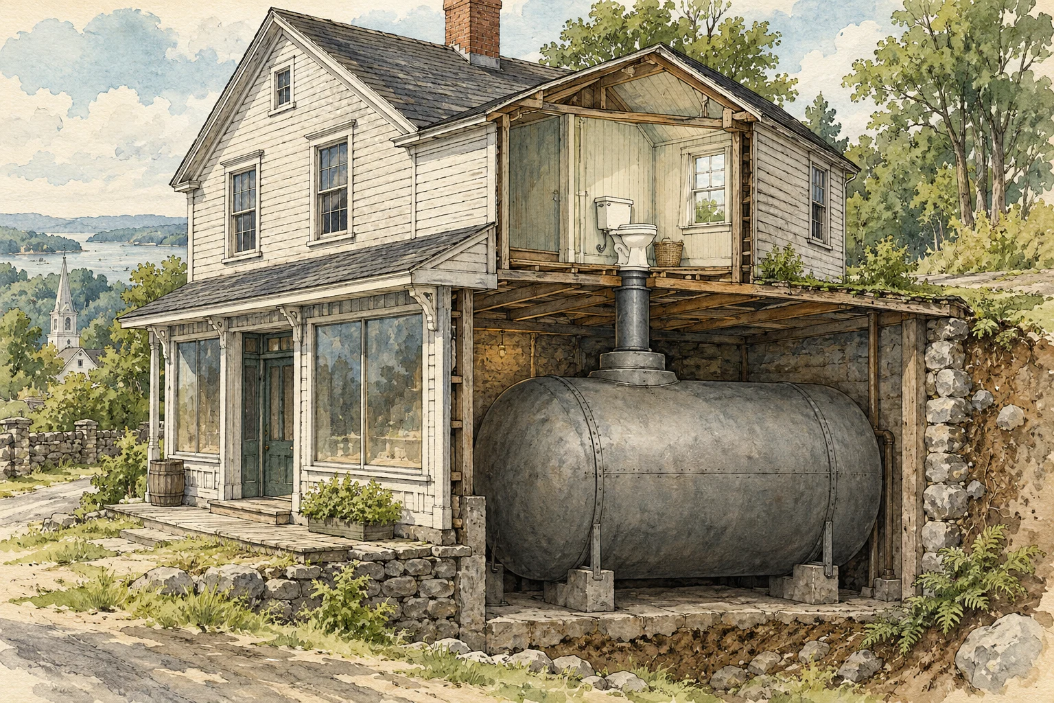 A watercolor cutaway of a rural wooden house shows an upstairs toilet connected by a large pipe to a massive cylindrical tank beneath the floor.