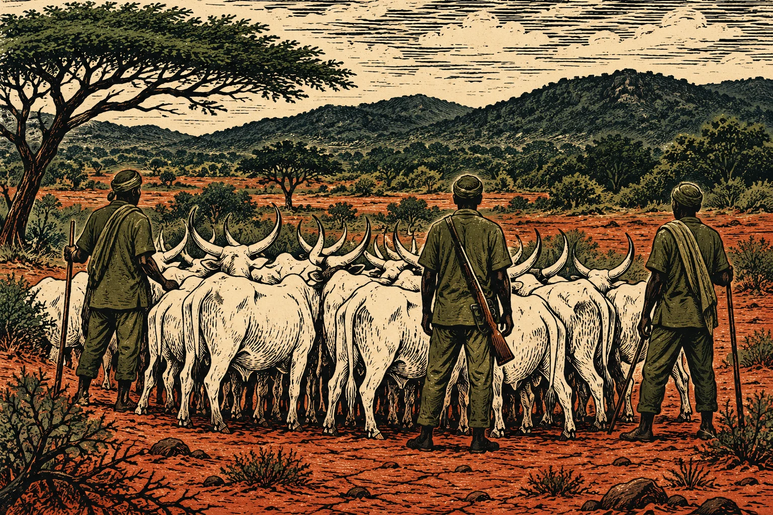 Three herders guide white, long-horned cattle across red, dry terrain beneath an acacia tree, with shrubs and rugged hills in the distance.