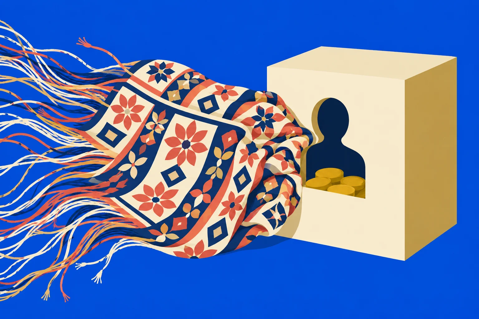A fringed floral textile flows into a cream-colored box with a person-shaped opening containing gold coins, against a bright blue background.