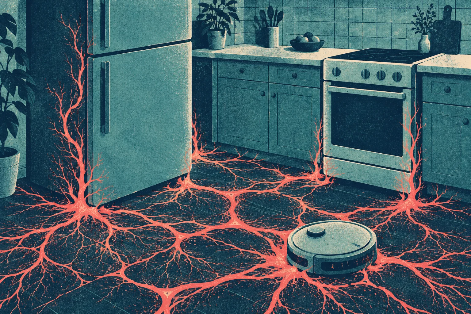 A robot vacuum sits on a kitchen floor covered with glowing coral branching tendrils that climb around the refrigerator, oven, and cabinets.