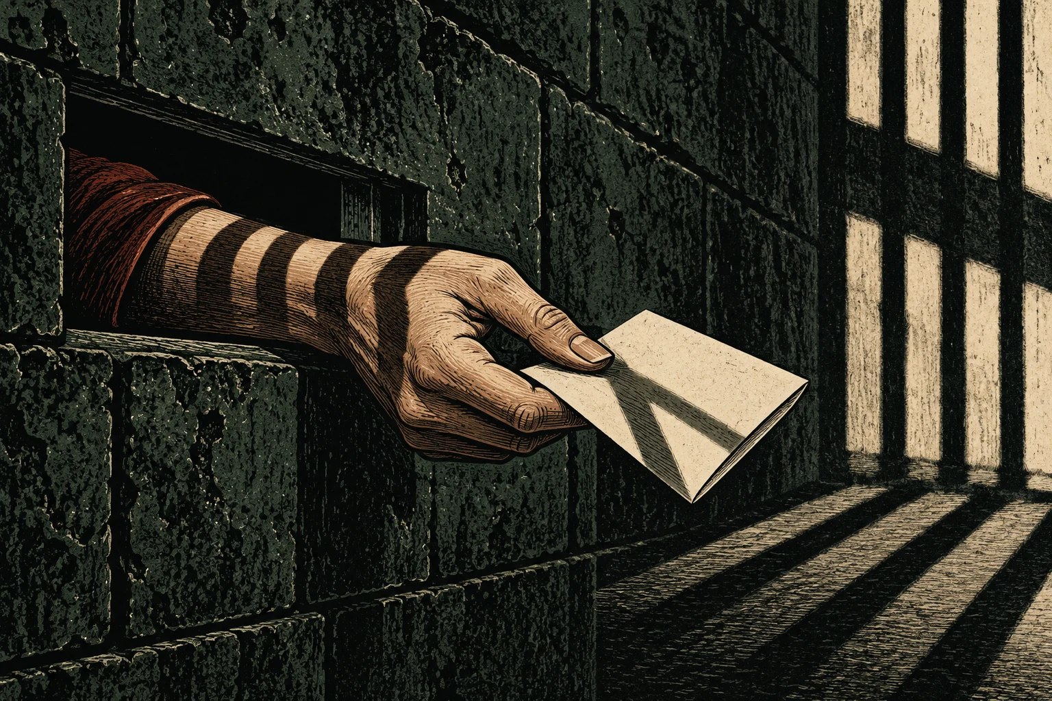 A hand extends through an opening in a dark stone prison wall, holding an envelope beside barred light casting shadows across the floor.