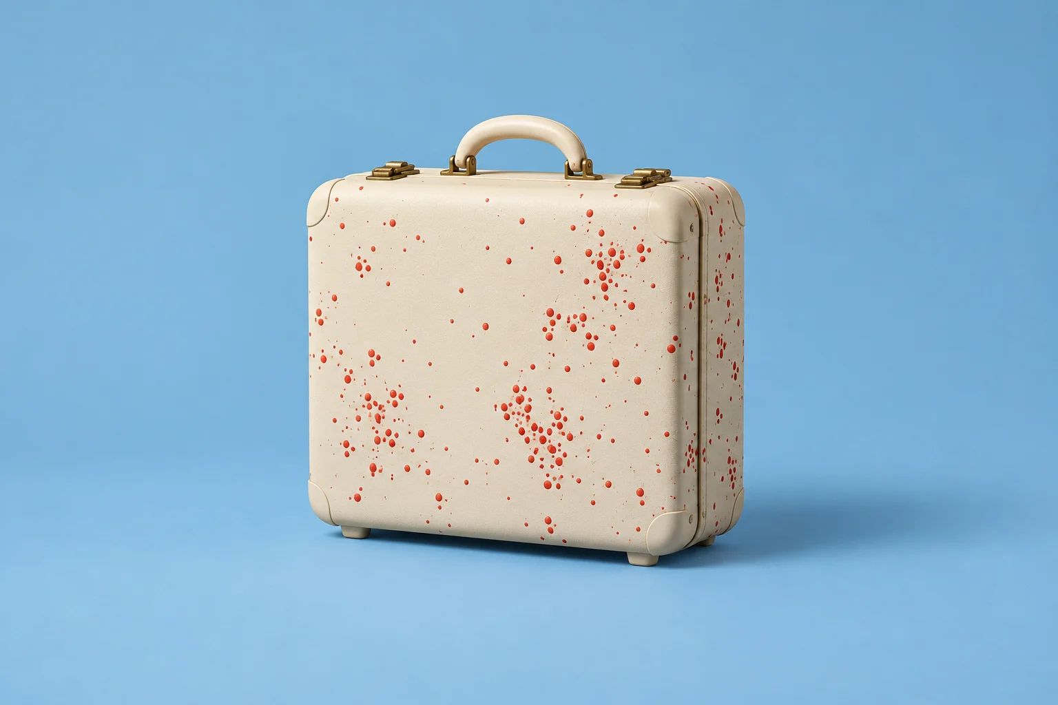 A cream-colored vintage suitcase with red speckles, brass latches, and a curved handle stands against a blue background.