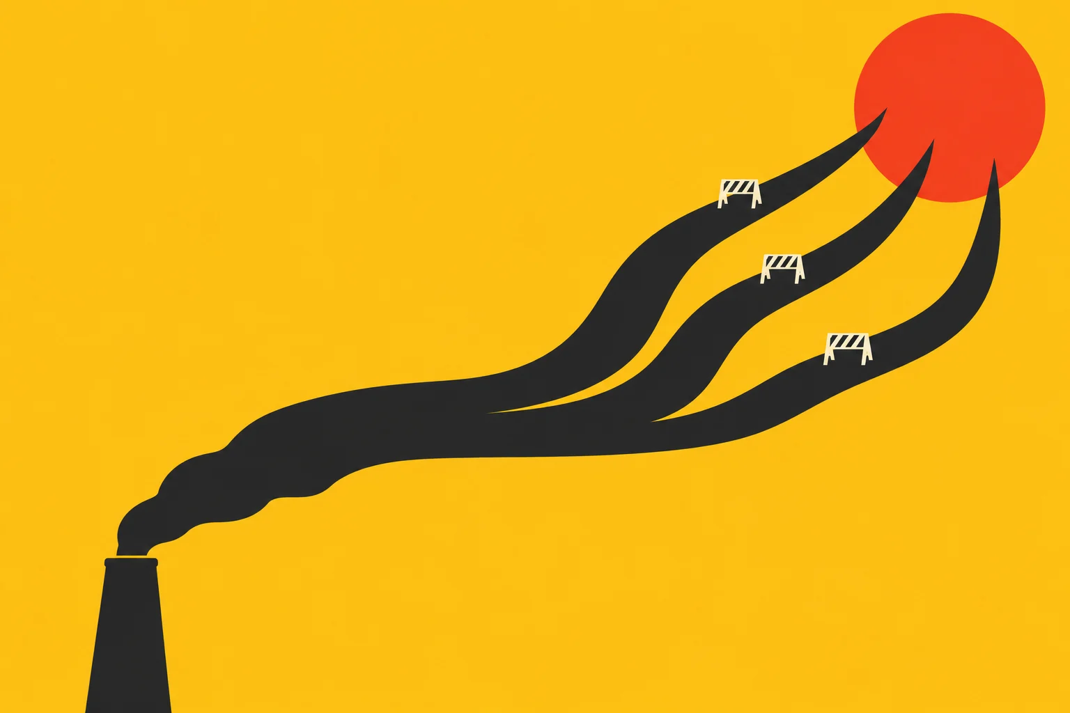 Black smoke from a smokestack splits into three winding paths, each blocked by a striped barricade, reaching toward a red sun against a yellow background.
