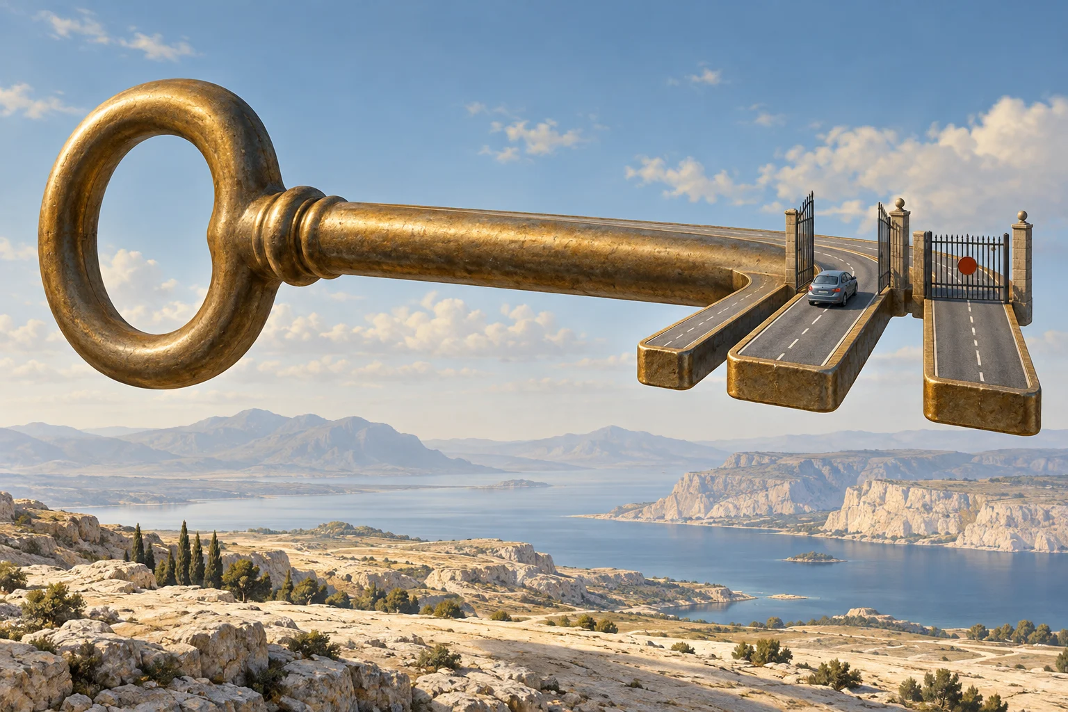 A giant golden key floats above a rocky coastal landscape, its tip forming roads with open and closed gates and a car approaching the open gateway.