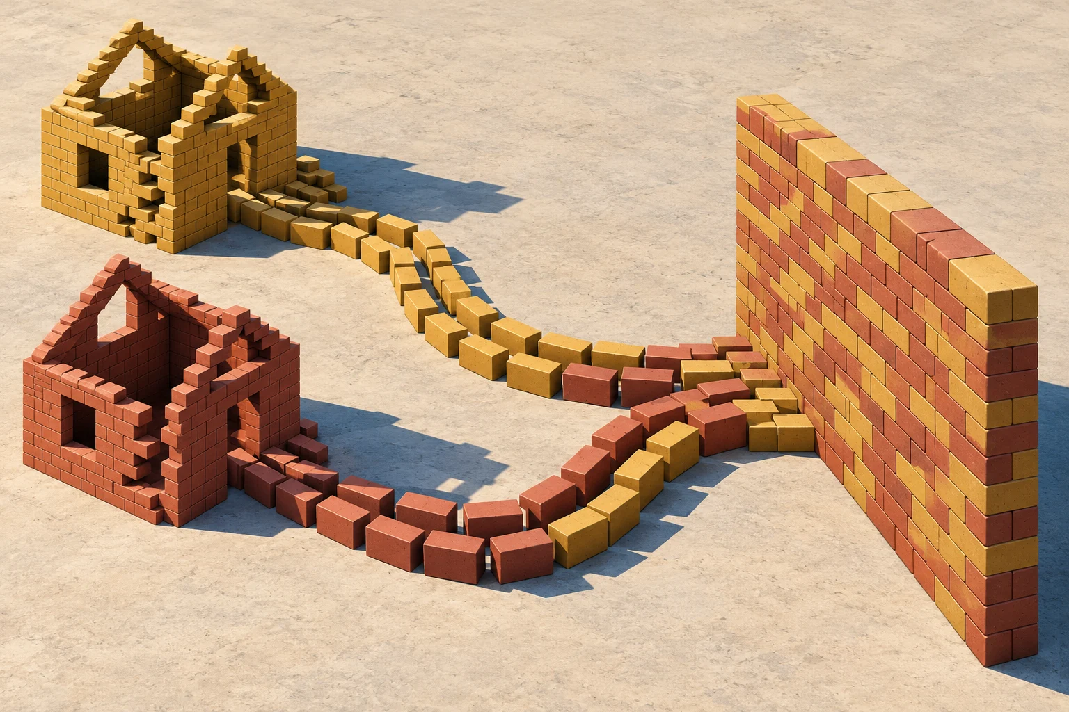 Two roofless brick houses, one yellow and one red, connect via winding trails of loose bricks to a tall wall built from both colors.
