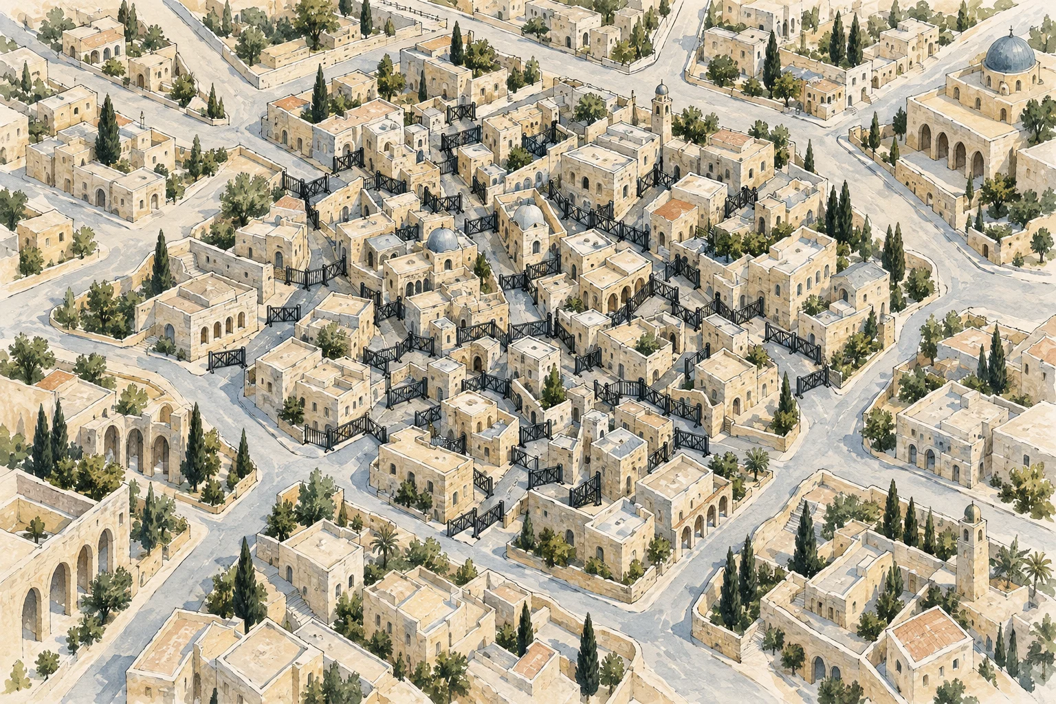 A watercolor aerial view shows beige stone buildings, domes, towers, trees, and winding streets, with numerous black gates blocking passages through the central neighborhood.