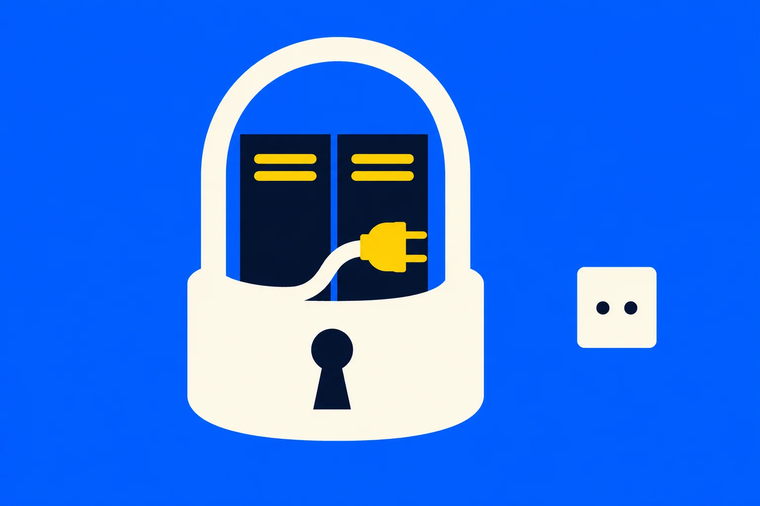 A cream padlock surrounds two dark server towers and a yellow unplugged power cord, with a separate electrical socket on a bright blue background.