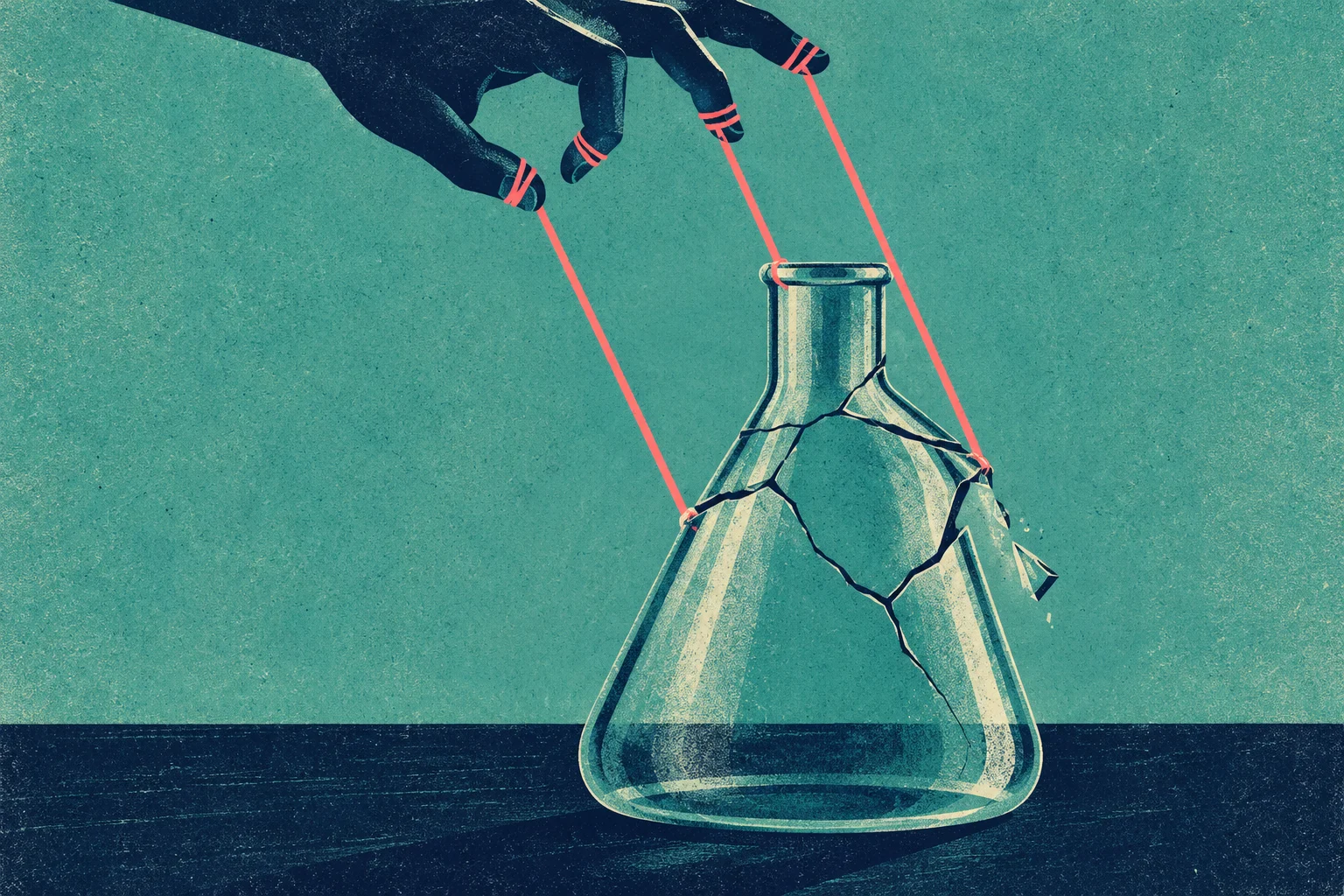 A dark hand manipulates coral puppet strings attached to a cracked glass laboratory flask against a textured teal background.