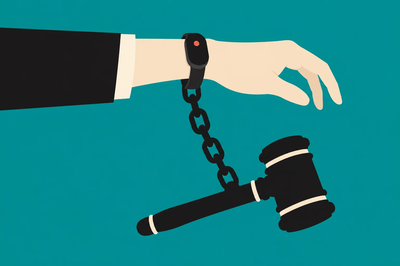 A wrist wearing a black electronic band is chained to a black judge’s gavel against a teal background.