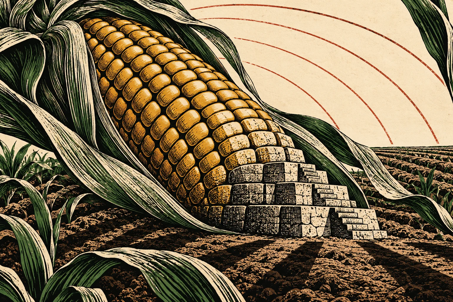 A woodcut-style ear of golden corn transforms into stepped stone pyramids among green husks, with plowed fields and red arcs in the background.