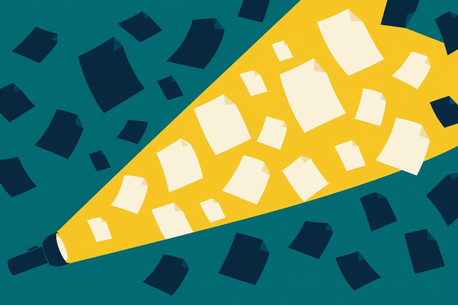 A flashlight casts a wide yellow beam across a teal background, illuminating cream paper sheets among dark sheets scattered outside the light.
