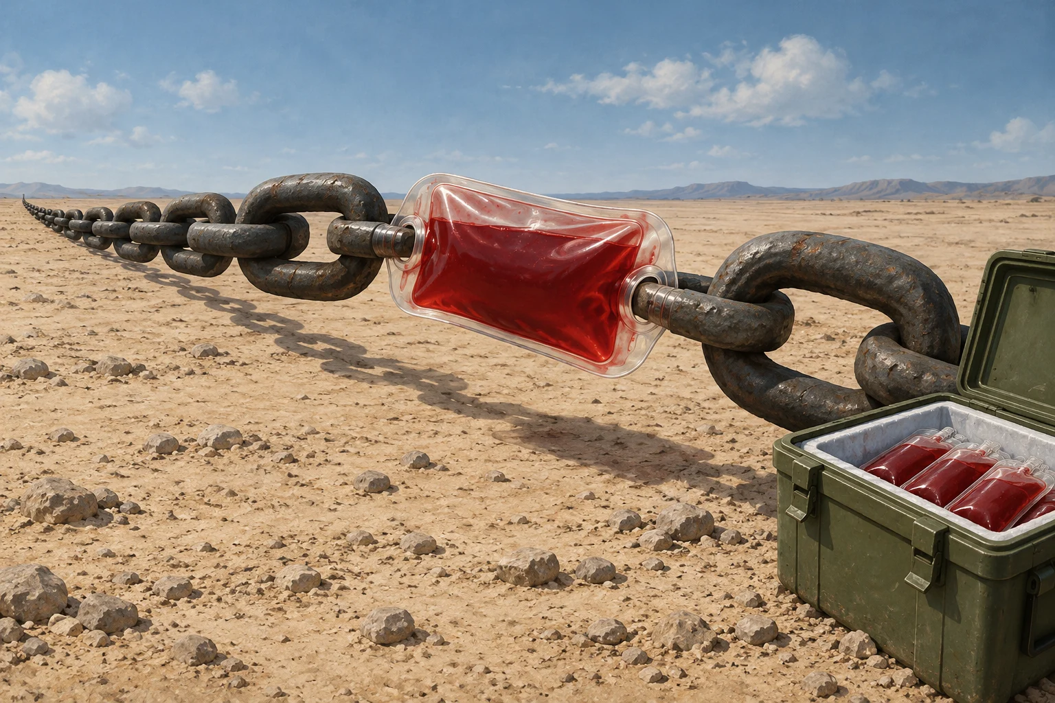 A giant rusty chain stretches across a desert, with a blood-filled transparent bag replacing one link beside an open cooler holding more blood bags.