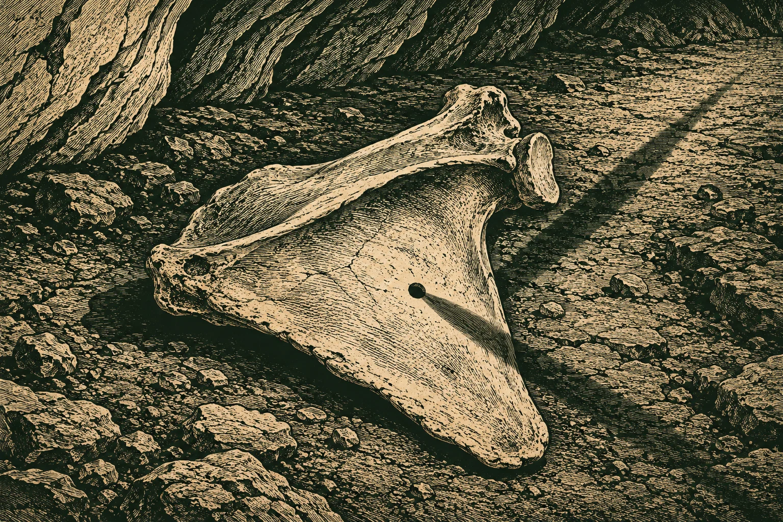 A sepia engraving shows a large triangular animal bone with a small round hole lying among rocks on a cave floor.