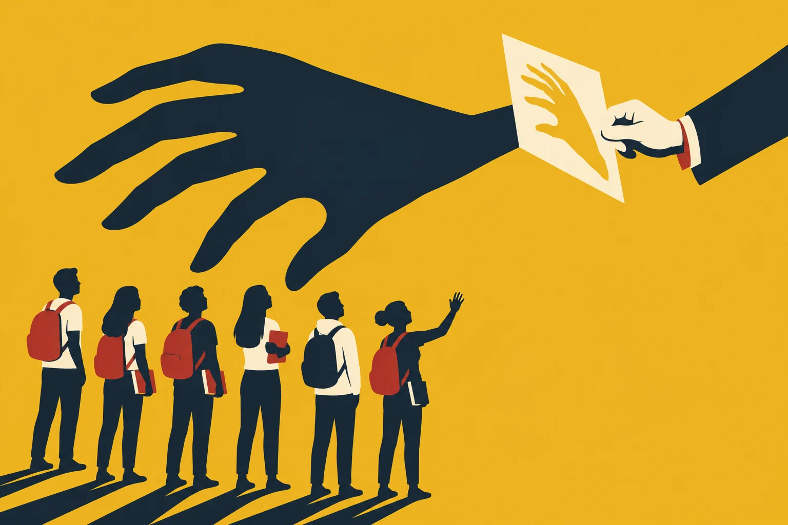 Six students face a giant hand-shaped shadow cast by a suited person's hand holding a sheet with a hand silhouette.